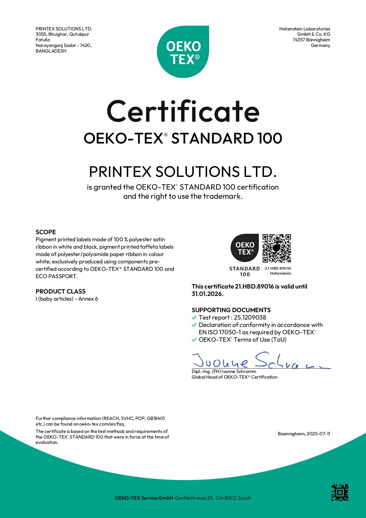 OEKO-TEX Full Certificate